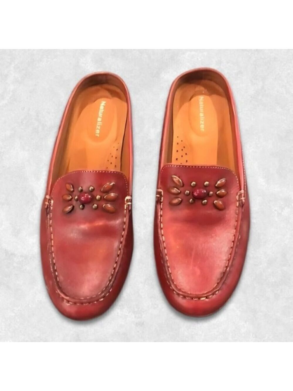 Naturalizer Red Leather Loafers with Stud Detail